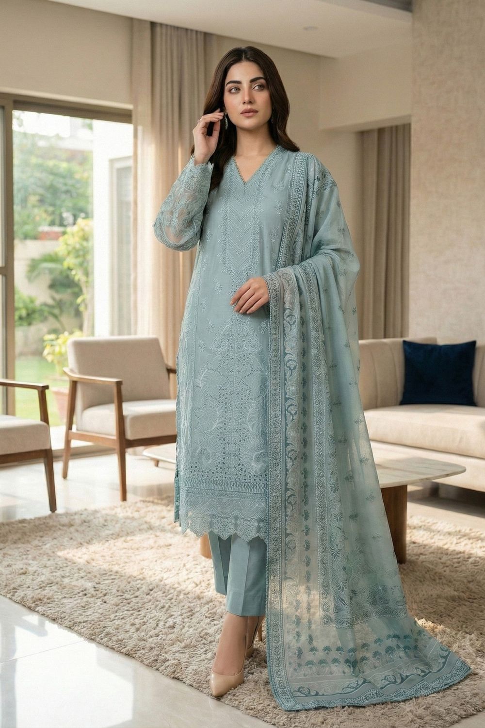 Sky Blue Embroidered Chikankari Cotton Salwar Kameez Online in Dubai UAE Abudhabi Ajman Sharjah