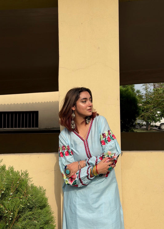 Sky Blue Embroidered Cotton Kurta Set Online in Dubai DXB UAE Abudhabi Meena Bazaar