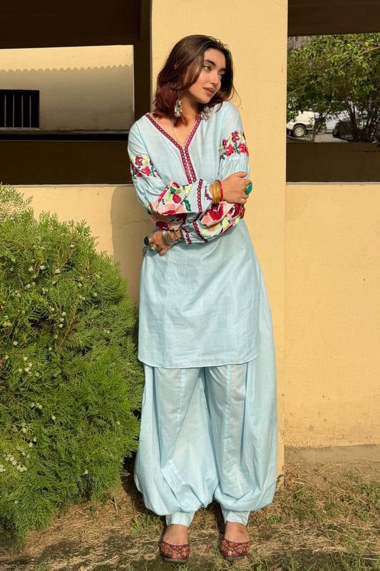 Sky Blue Embroidered Cotton Kurta Set Online in Dubai UAE Abudhabi Ajman Sharjah