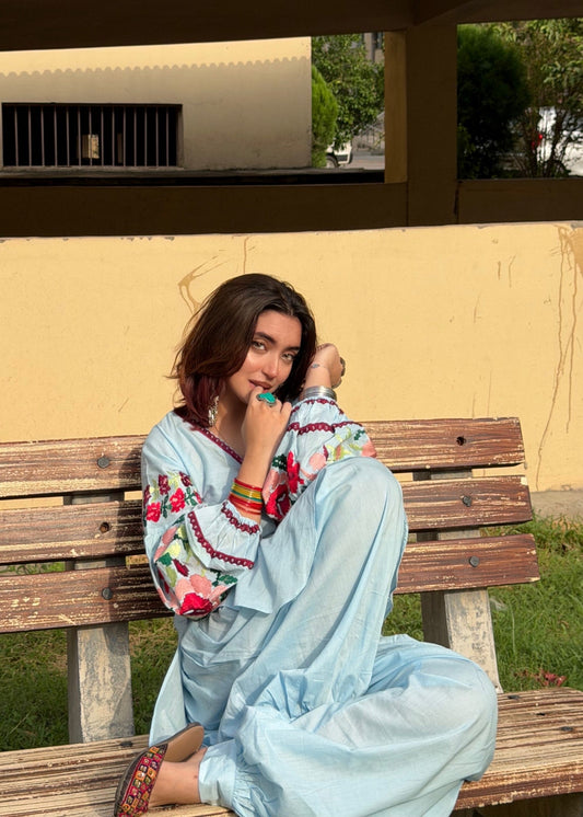 Sky Blue Embroidered Cotton Kurta Set Online in Sri Lanka India Australia