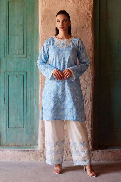 Sky Blue Embroidered Jacquard Kurta Set Online in Dubai UAE Abudhabi Ajman Sharjah