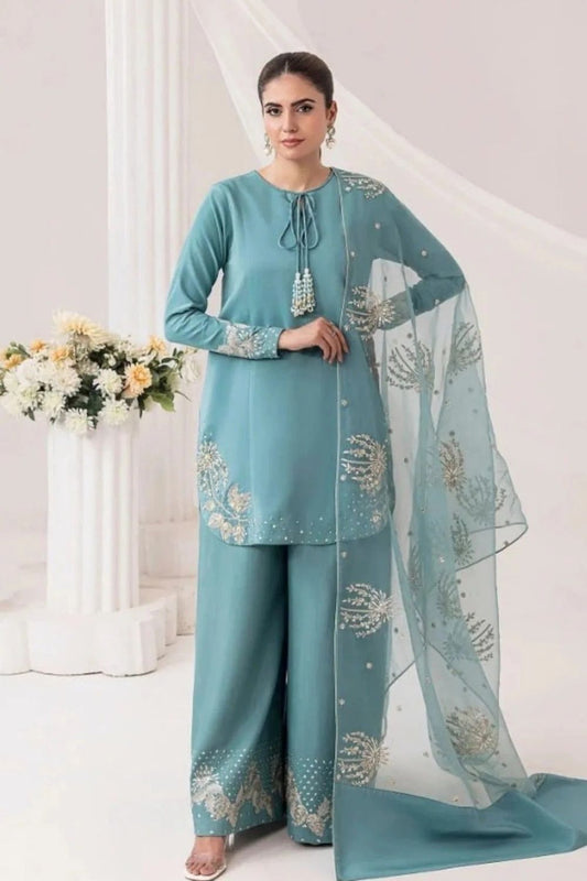 Sky Blue Embroidered Khaddar Kurta Plazzo Set Online in Dubai UAE Abudhabi Ajman Sharjah