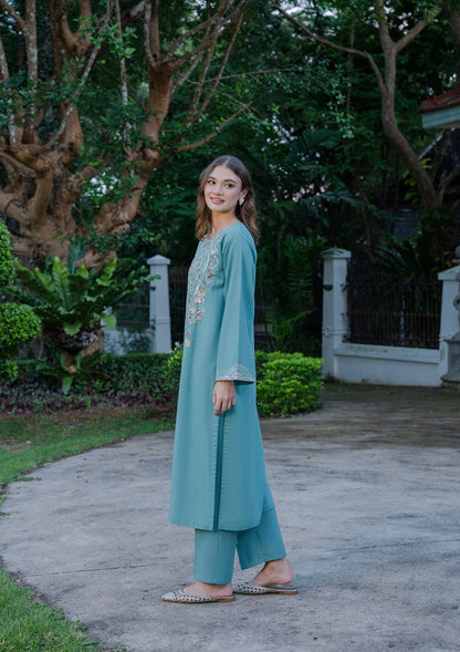 Sky Blue Embroidered Khaddar Kurta Set Online in Dubai DXB UAE Abudhabi Meena Bazaar
