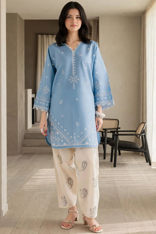 Sky Blue Embroidered Lawn Cotton Kurta Set Online in Dubai UAE Abudhabi Ajman Sharjah