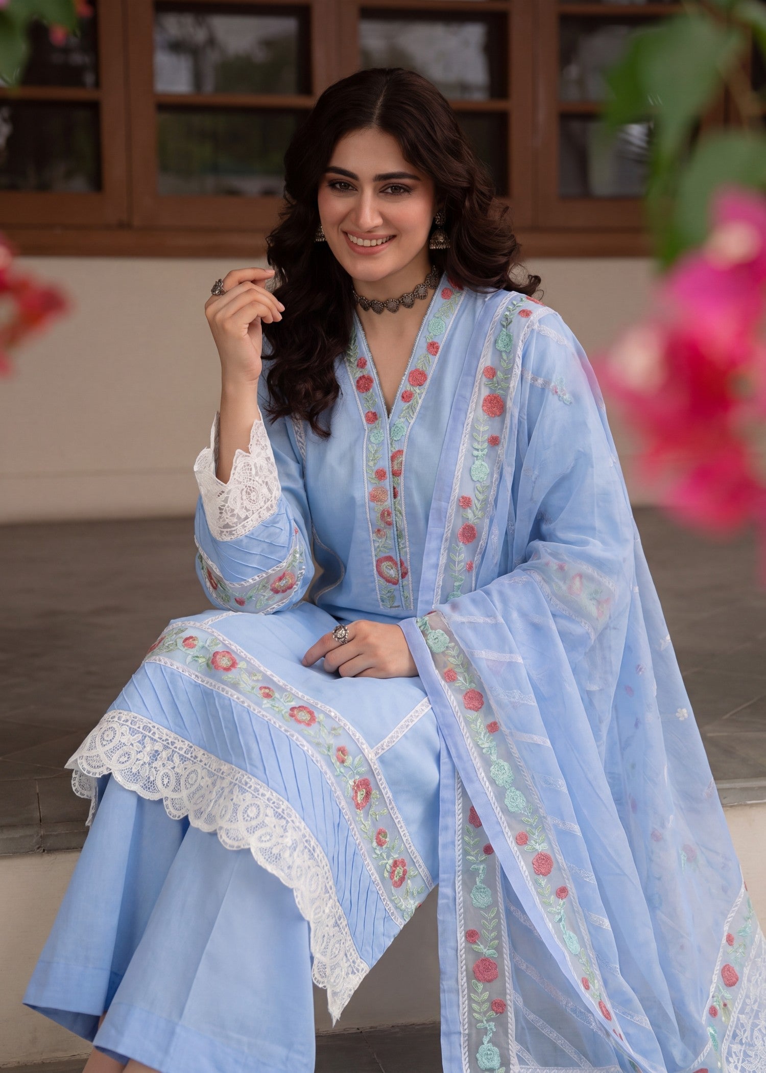 Sky Blue Embroidered Lawn Pakistani Suit Online in Dubai DXB UAE Abudhabi Meena Bazaar