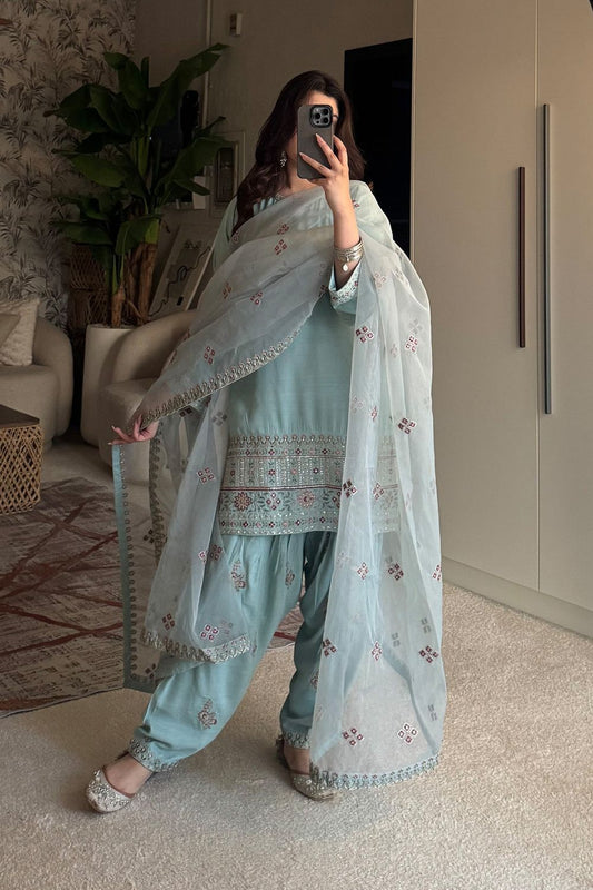 Sky Blue Embroidered Raw Silk Pakistani Suit Online in Dubai UAE Abudhabi Ajman Sharjah