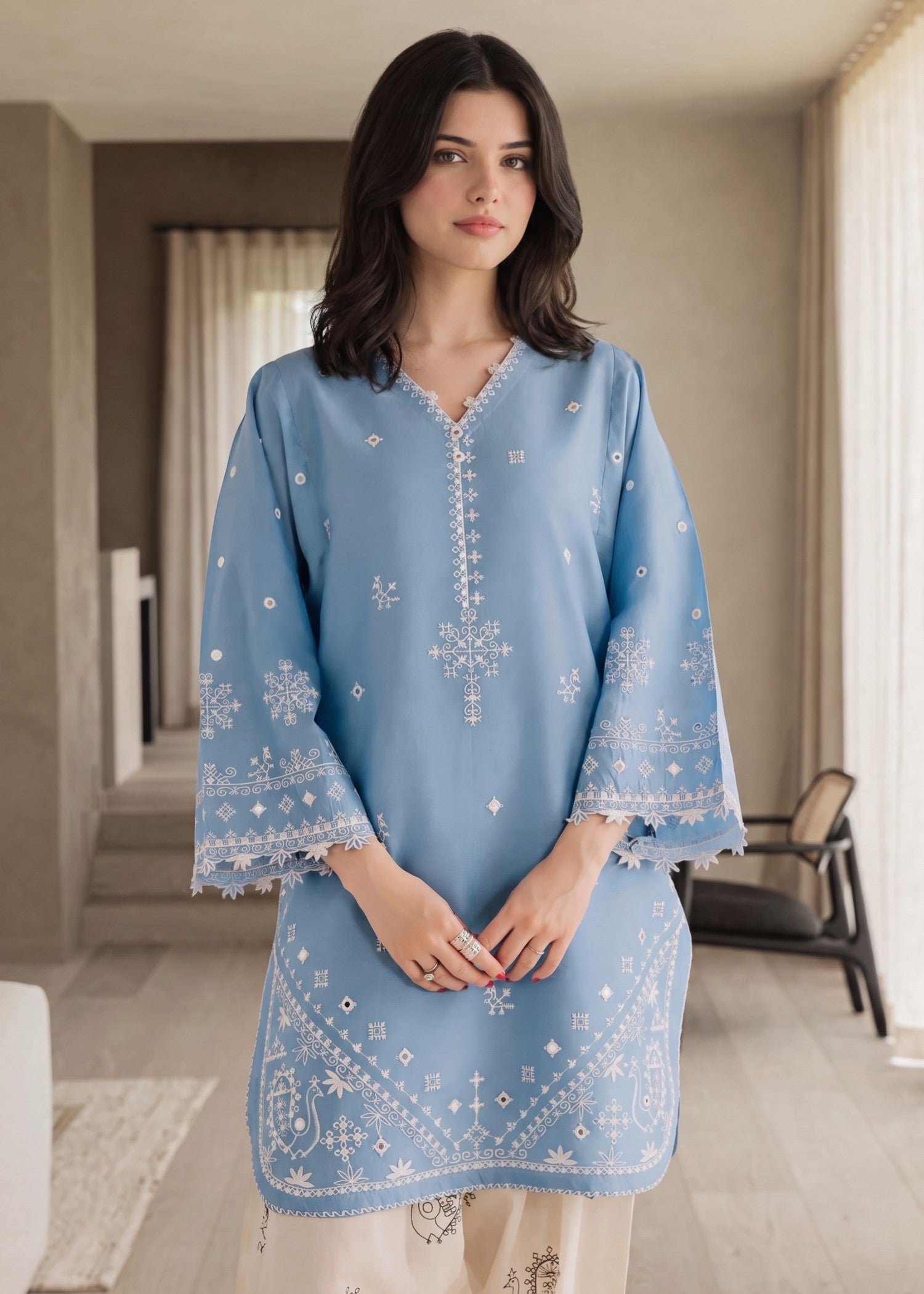 Sky Blue Embroidered Straight Kurta Trouser Set Online in Dubai DXB UAE Abudhabi Meena Bazaar