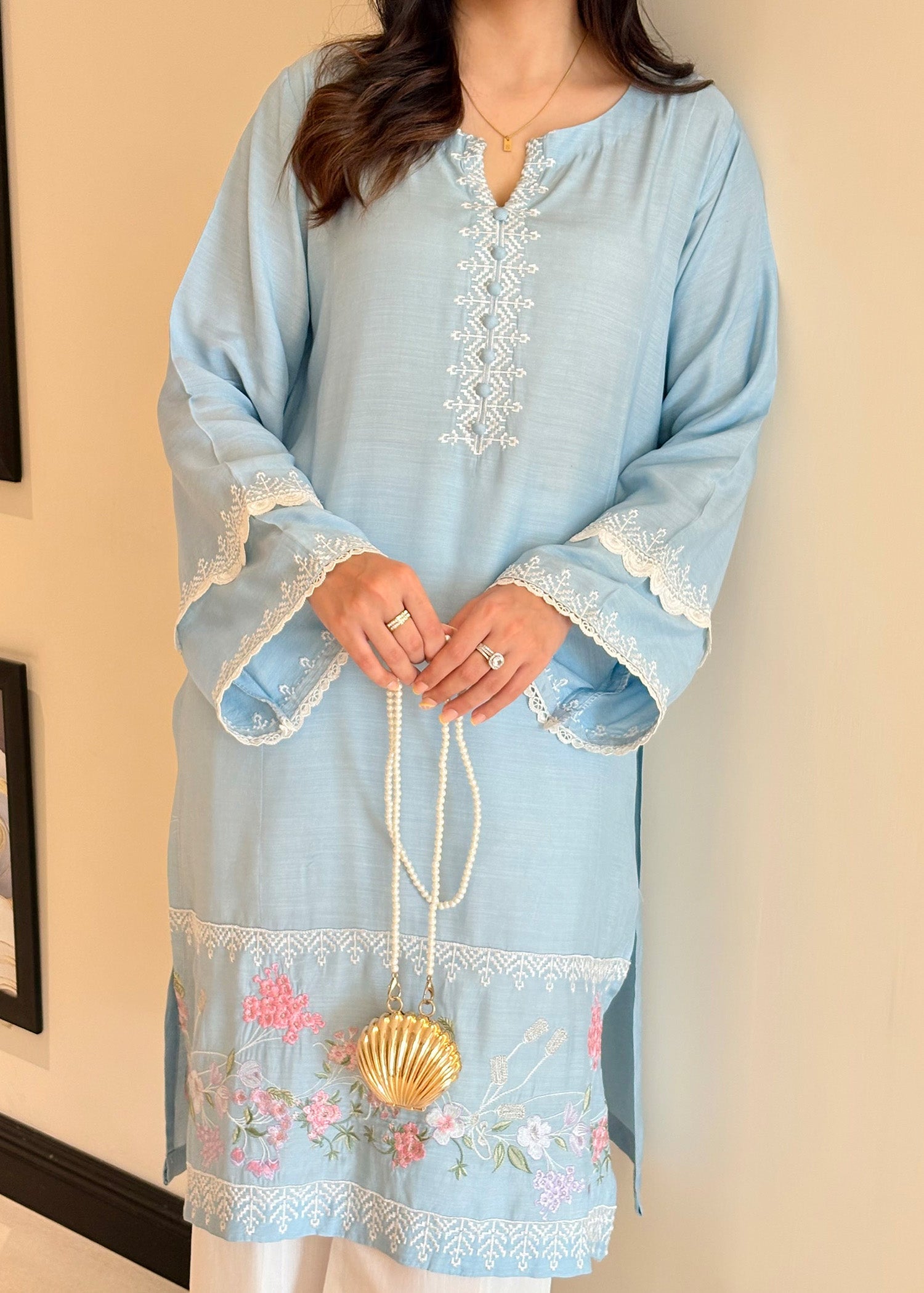 Sky Blue Embroidered Viscose Raw Silk Designer Salwar Kameez Online in KSA Riyadh Saudi Arabia Oman Bahrain Qatar