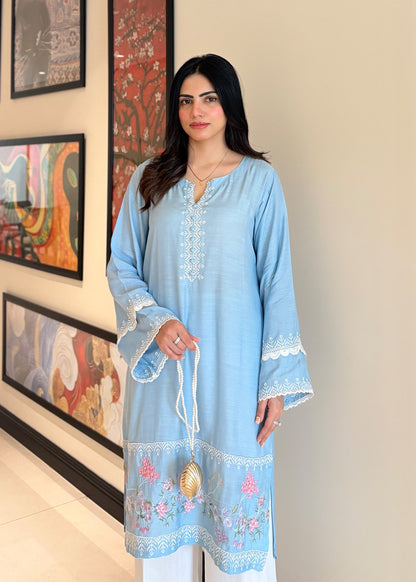 Sky Blue Embroidered Viscose Raw Silk Ladies Salwar Kameez Online in Dubai DXB UAE Abudhabi Meena Bazaar