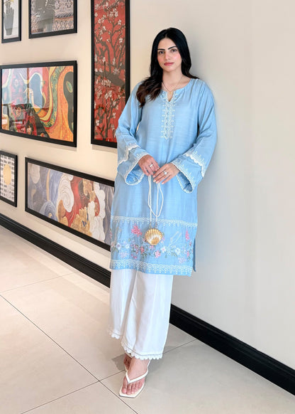Sky Blue Embroidered Viscose Raw Silk Pakistani Designer Suits Online in KSA Riyadh Saudi Arabia Oman Bahrain Qatar