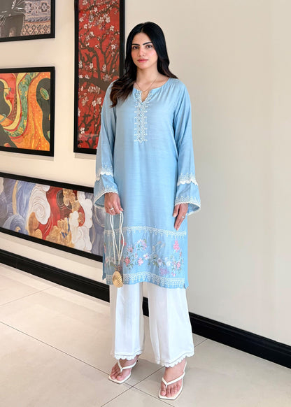 Sky Blue Embroidered Viscose Raw Silk Pakistani Suit Online in UK USA Canada