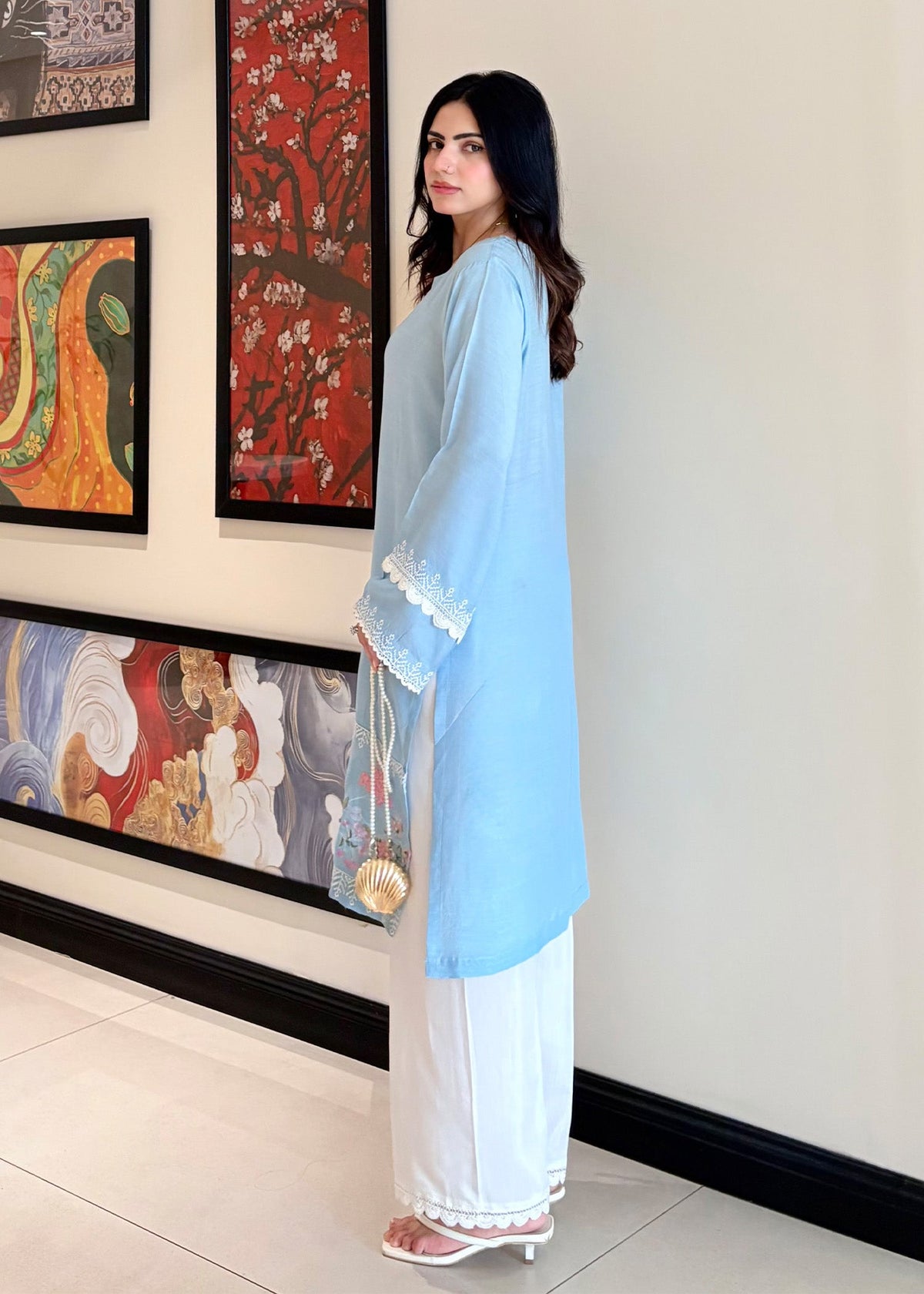 Sky Blue Embroidered Viscose Raw Silk Partywear Suit Online in Dubai DXB UAE Abudhabi Meena Bazaar
