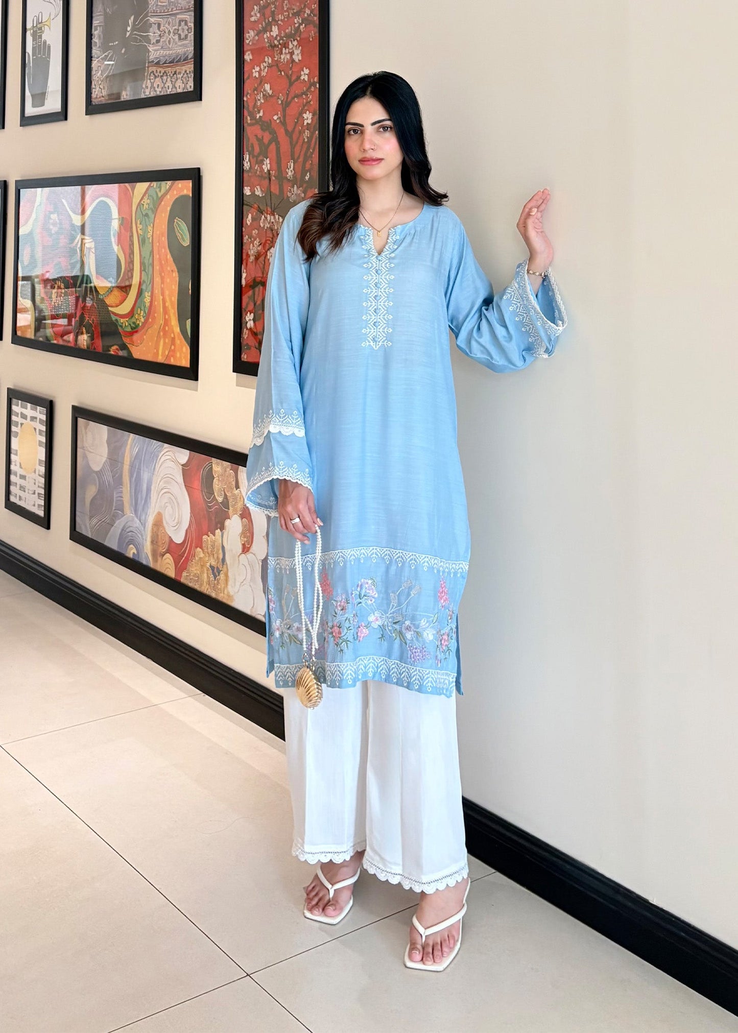 Sky Blue Embroidered Viscose Raw Silk Salwar Suit Online in Dubai UAE Abudhabi Ajman Sharjah