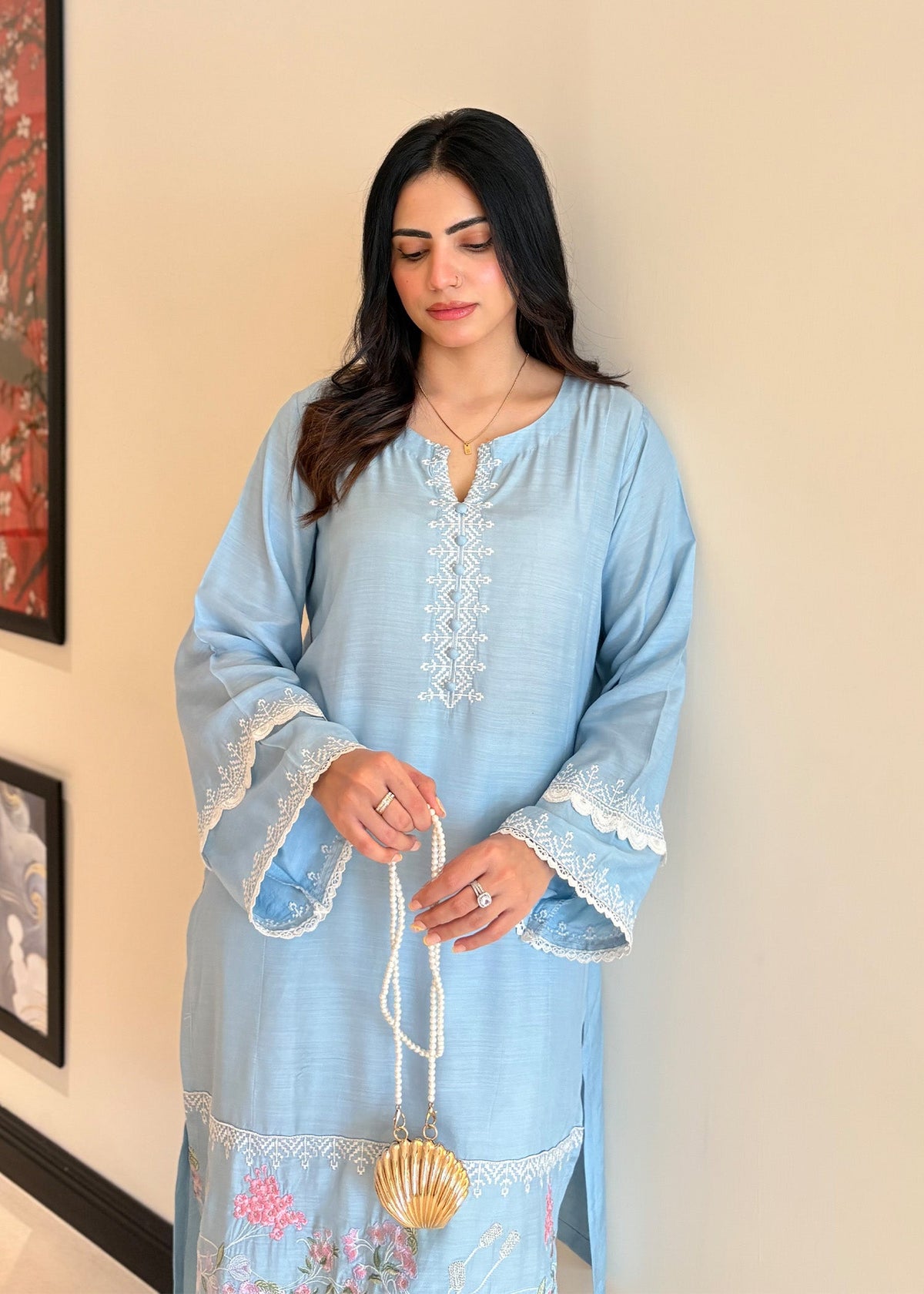 Sky Blue Embroidered Viscose Raw Silk Shalwar Kameez Online in UK USA Canada