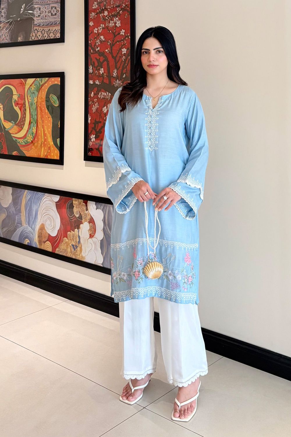 Sky Blue Embroidered Viscose Raw Silk Suit Online in Dubai UAE Abudhabi Ajman Sharjah