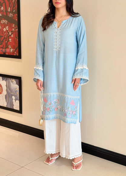 Sky Blue Embroidered Viscose Raw Silk Trending Pakistani Suits Online in UK USA Canada