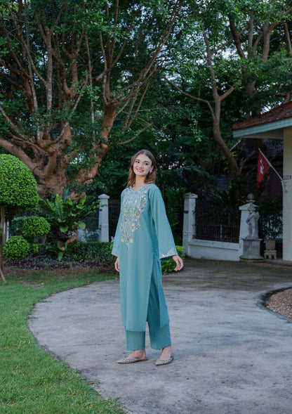 Sky Blue Khaddar Embroidered Kurta Set Online in Sri Lanka India Australia