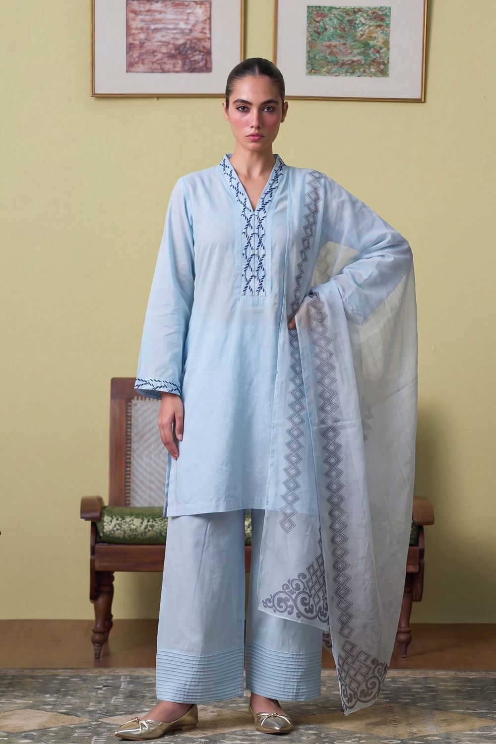 Sky Blue Lacework Lawn Salwar Suit Online in Dubai UAE Abudhabi Ajman Sharjah