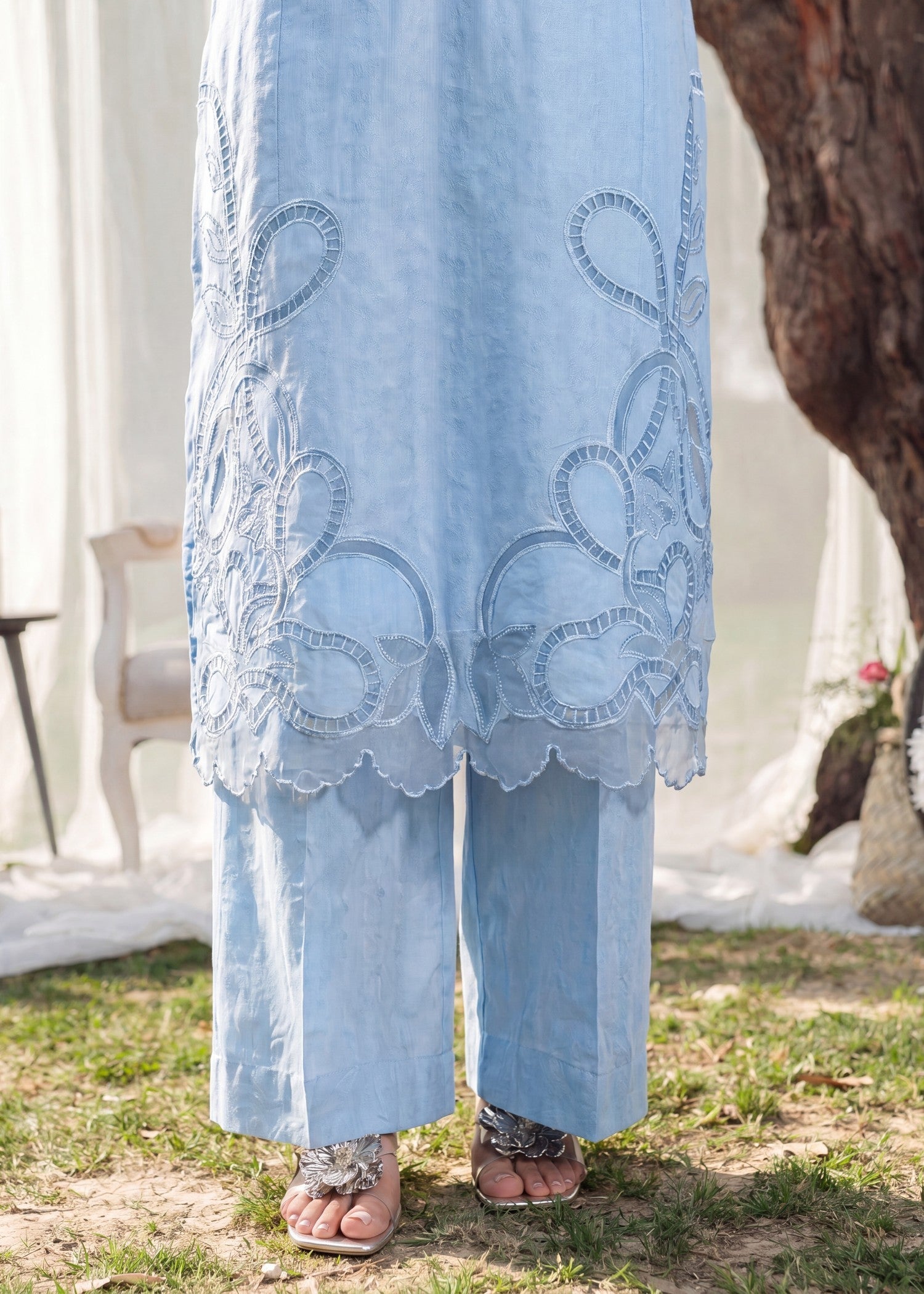Sky Blue Lawn Embroidered Suit with Plazzo Online in Dubai UAE Abudhabi Ajman Sharjah