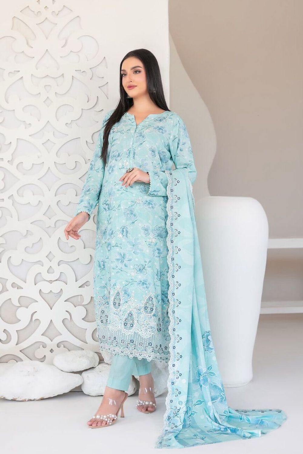 Sky Blue Luxury Lawn Salwar Suit Online in Dubai UAE Abudhabi Ajman Sharjah