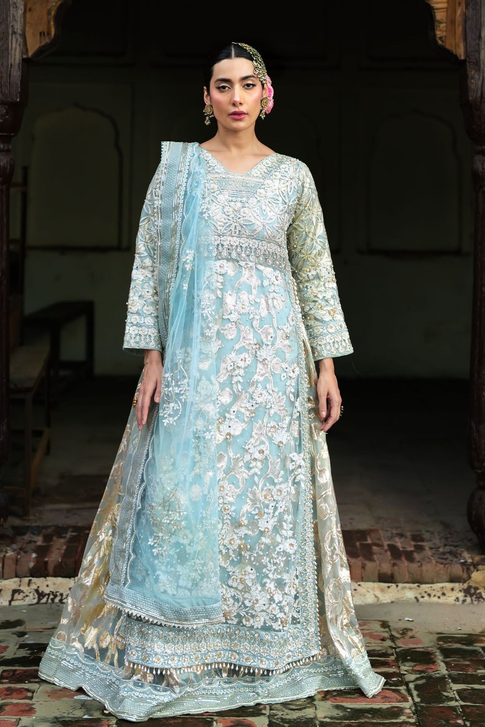 Sky Blue Net Jamawar Wedding Guest Lehenga Online in Dubai UAE Abudhabi Ajman Sharjah