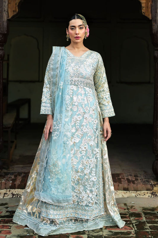 Sky Blue Net Jamawar Wedding Guest Lehenga Online in Dubai UAE Abudhabi Ajman Sharjah