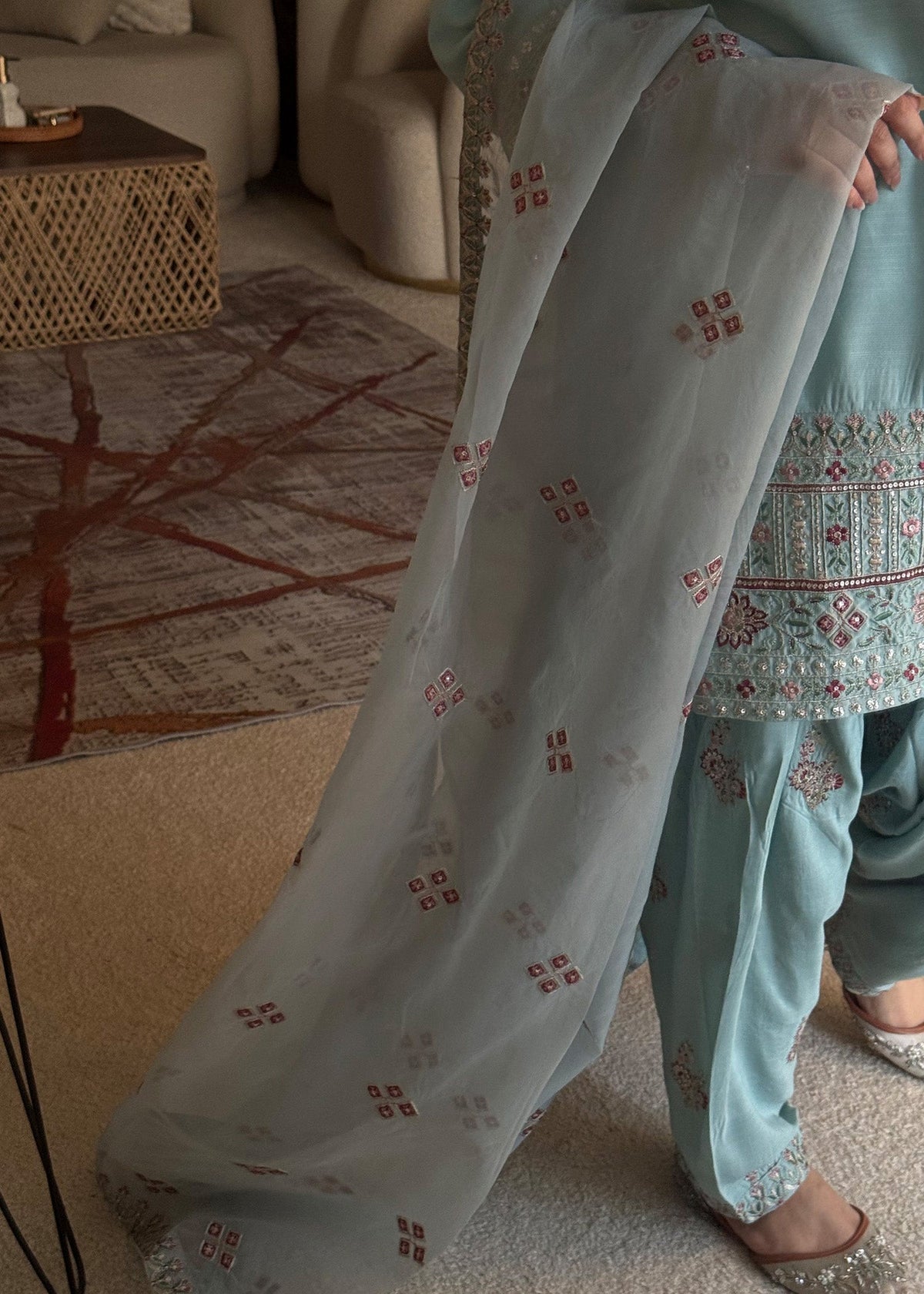 Sky Blue Organza Dupatta Raw Silk Salwar Suit Online in Dubai UAE Abudhabi Ajman Sharjah