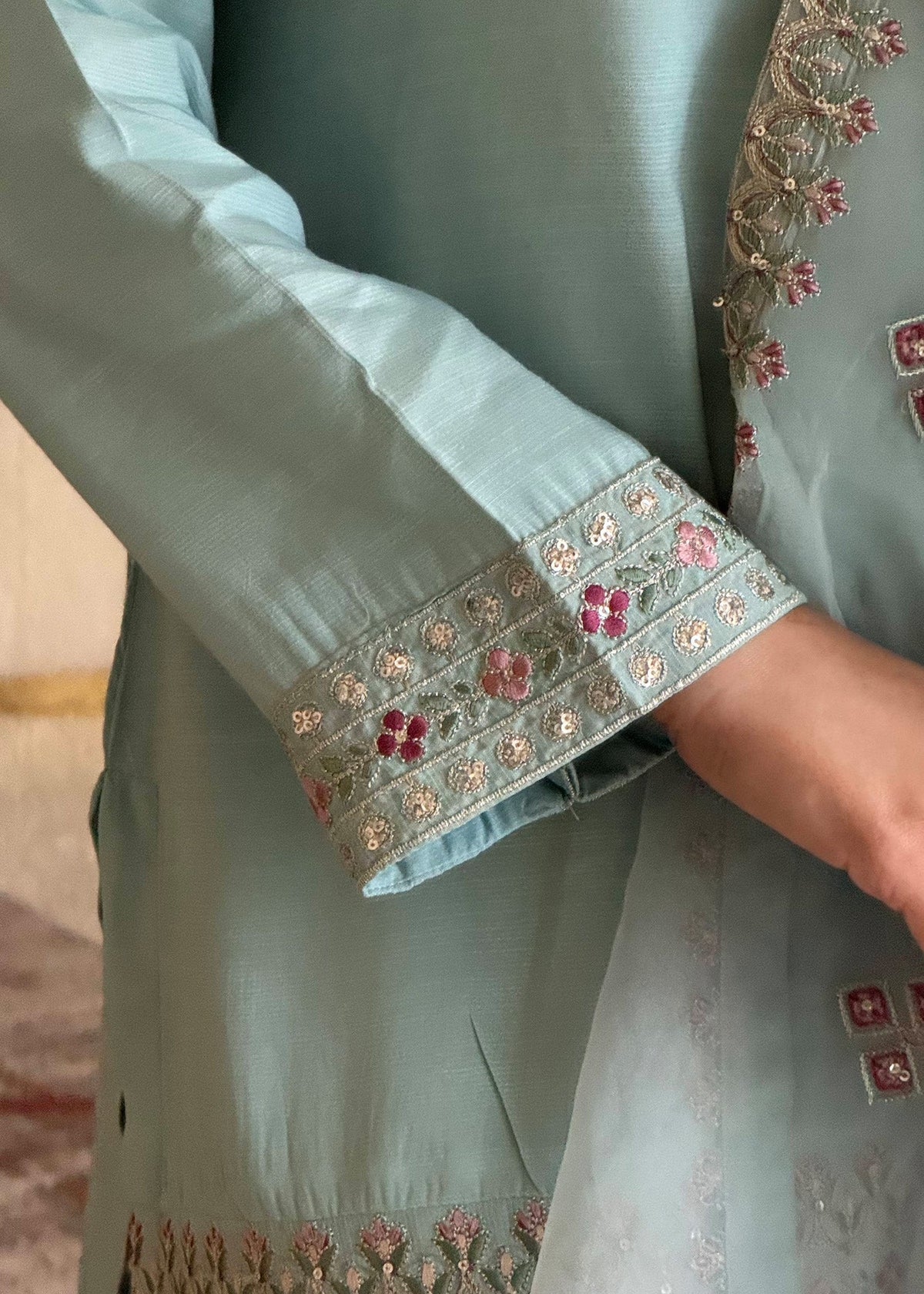Sky Blue Raw Silk Pakistani Designer Suit Online in UK USA Canada