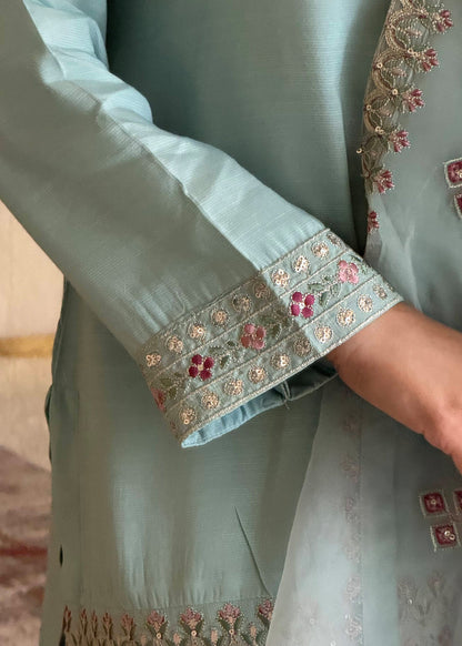 Sky Blue Raw Silk Pakistani Designer Suit Online in UK USA Canada