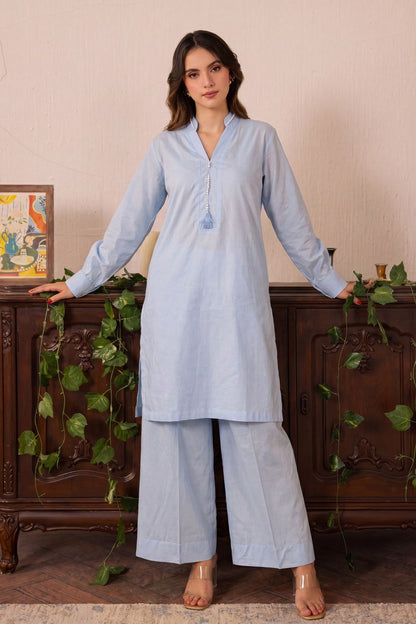 Sky Blue Tassel Work Lawn Straight Kurta Set Online in Dubai UAE Abudhabi Ajman Sharjah