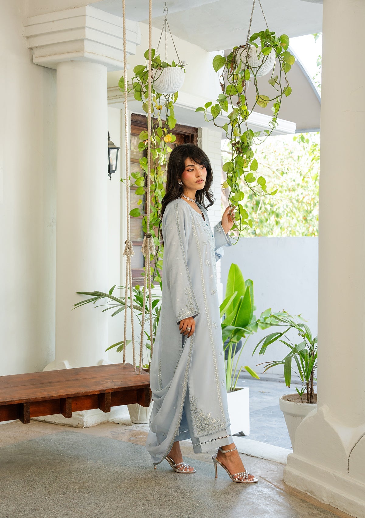 Sky Blue Viscose Embroidered 3 Piece Suit Online in Sri Lanka India Australia