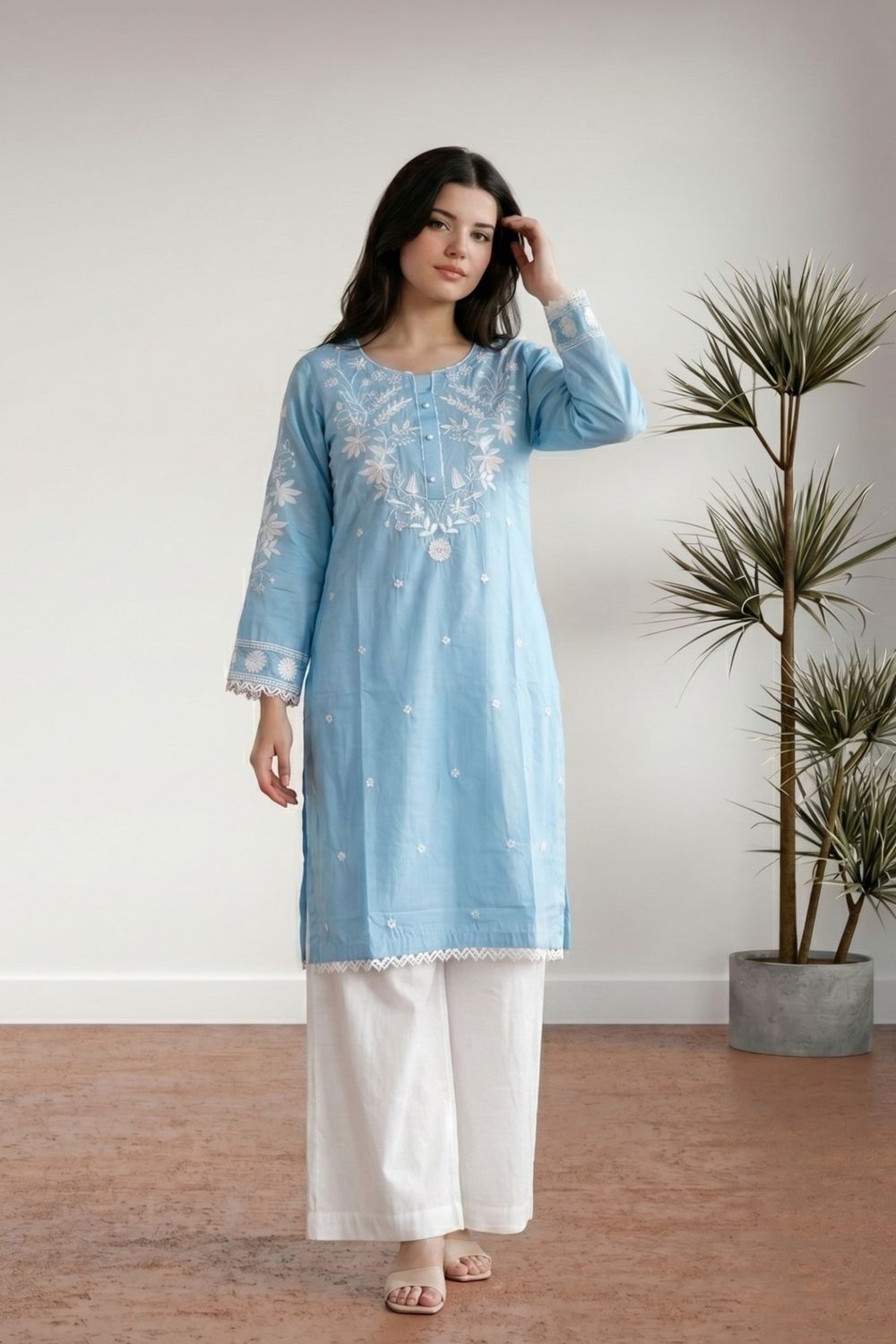 Sky Embroidered Cotton Straight Kurta Set Online in Dubai UAE Abudhabi Ajman Sharjah