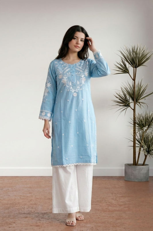 Sky Embroidered Cotton Straight Kurta Set Online in Dubai UAE Abudhabi Ajman Sharjah