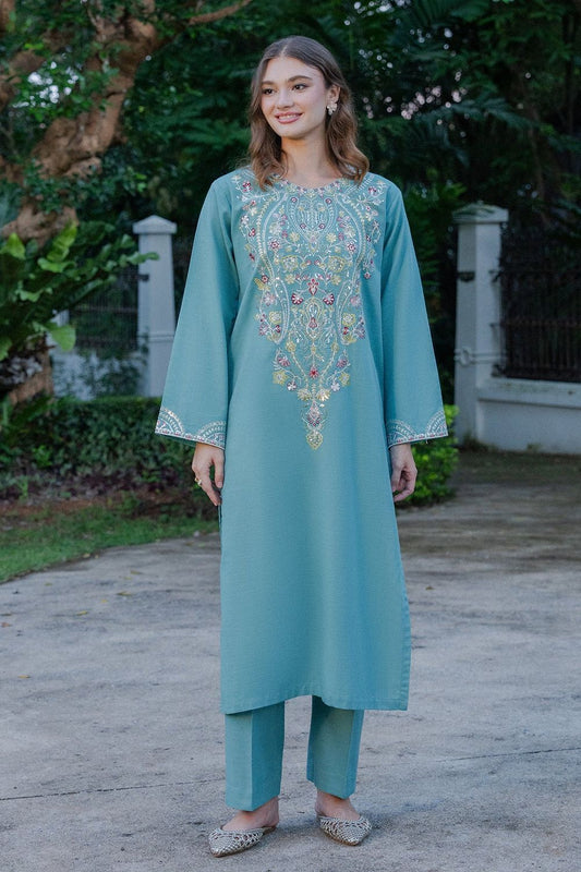 Sky Embroidered Khaddar Kurta Set Online in Dubai UAE Abudhabi Ajman Sharjah
