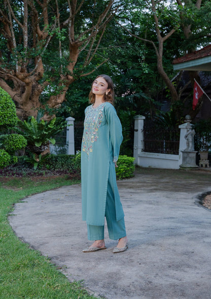 Sky Khaddar Embroidered Kurta Set Online in KSA Riyadh Saudi Arabia Oman Bahrain Qatar