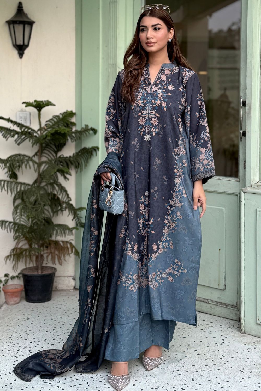 Slate Blue Digital Print Lawn Pakistani Suit Online in Dubai UAE Abudhabi Ajman Sharjah
