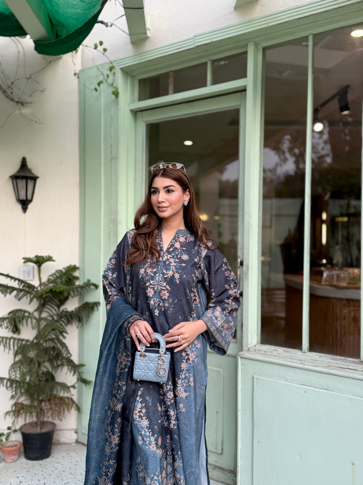 Slate Blue Digital Print Lawn Partywear Salwar Suit Online in Dubai UAE Abudhabi Ajman Sharjah