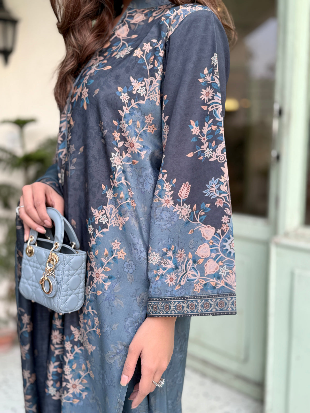 Slate Blue Lawn Digital Printed Salwar Kameez Online in KSA Riyadh Saudi Arabia Oman Bahrain Qatar