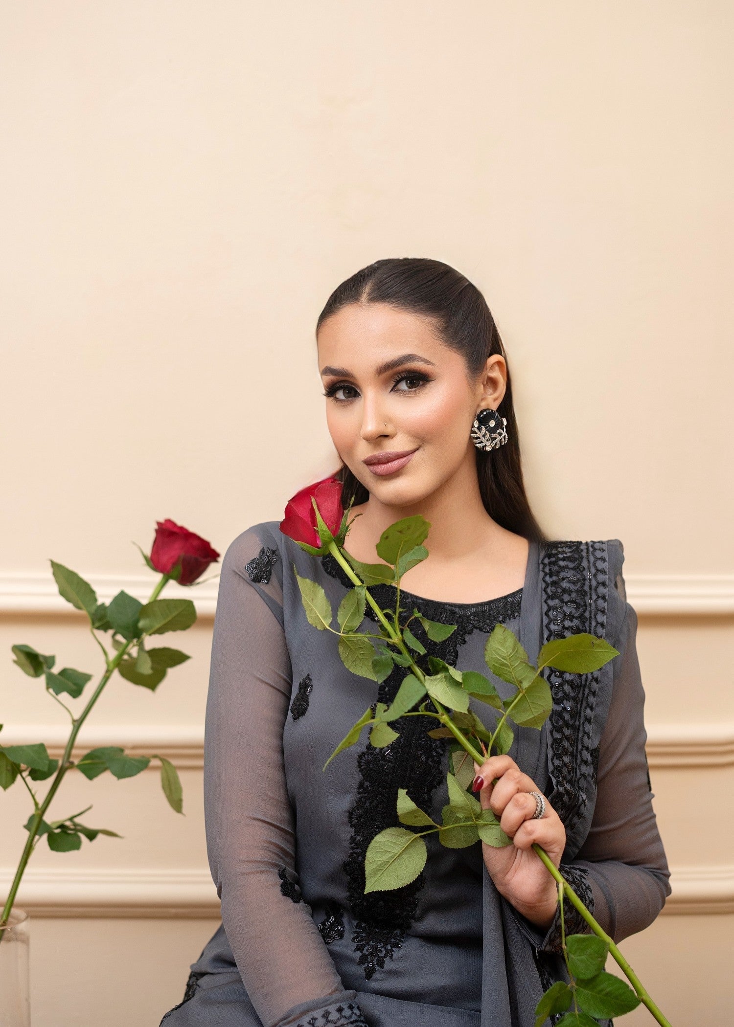 Slate Grey Bemberg Crinkle Chiffon Embroidered Kurta Set Online in Sri Lanka India Australia