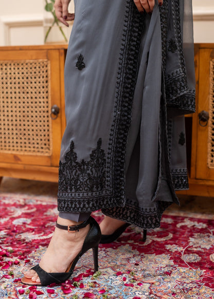 Slate Grey Chiffon Embroidered Three Piece Suit Online in Dubai UAE Abudhabi Ajman Sharjah
