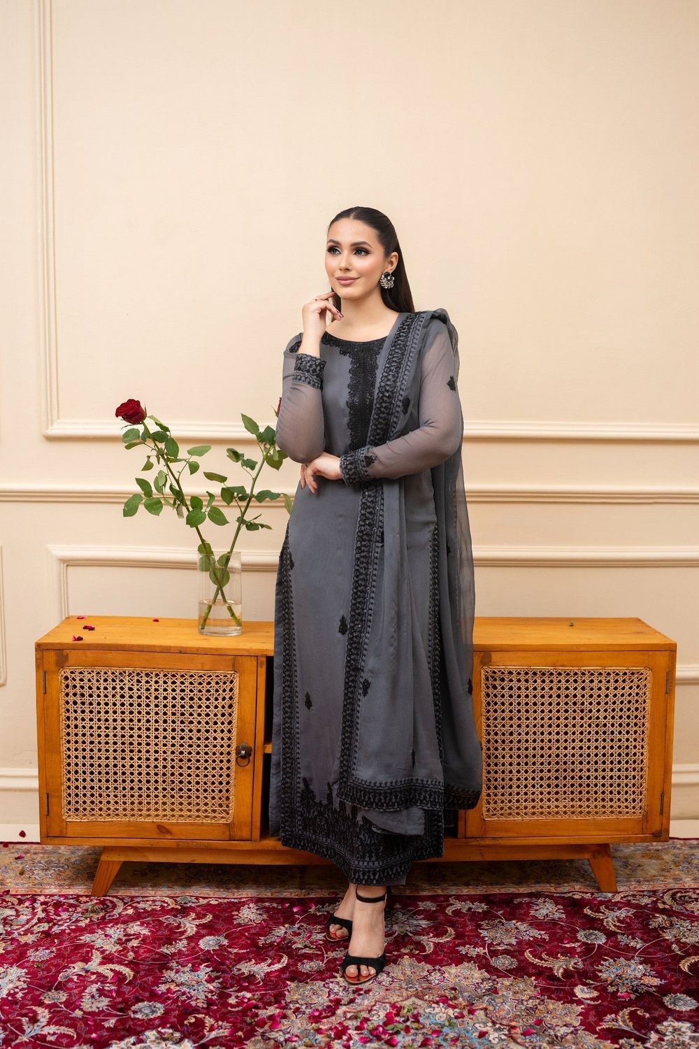 Slate Grey Embroidered Bemberg Crinkle Chiffon Suit Online in Dubai UAE Abudhabi Ajman Sharjah
