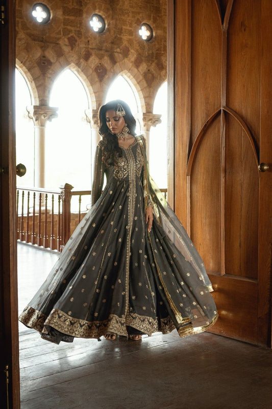 Slate Grey Embroidered Chiffon Partywear Suit Online in Dubai UAE Abudhabi Ajman Sharjah