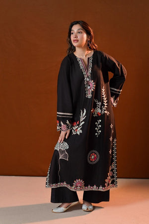 Black Embroidered Slub Khaddar Kurta Set Online in Dubai UAE Abudhabi Ajman Sharjah