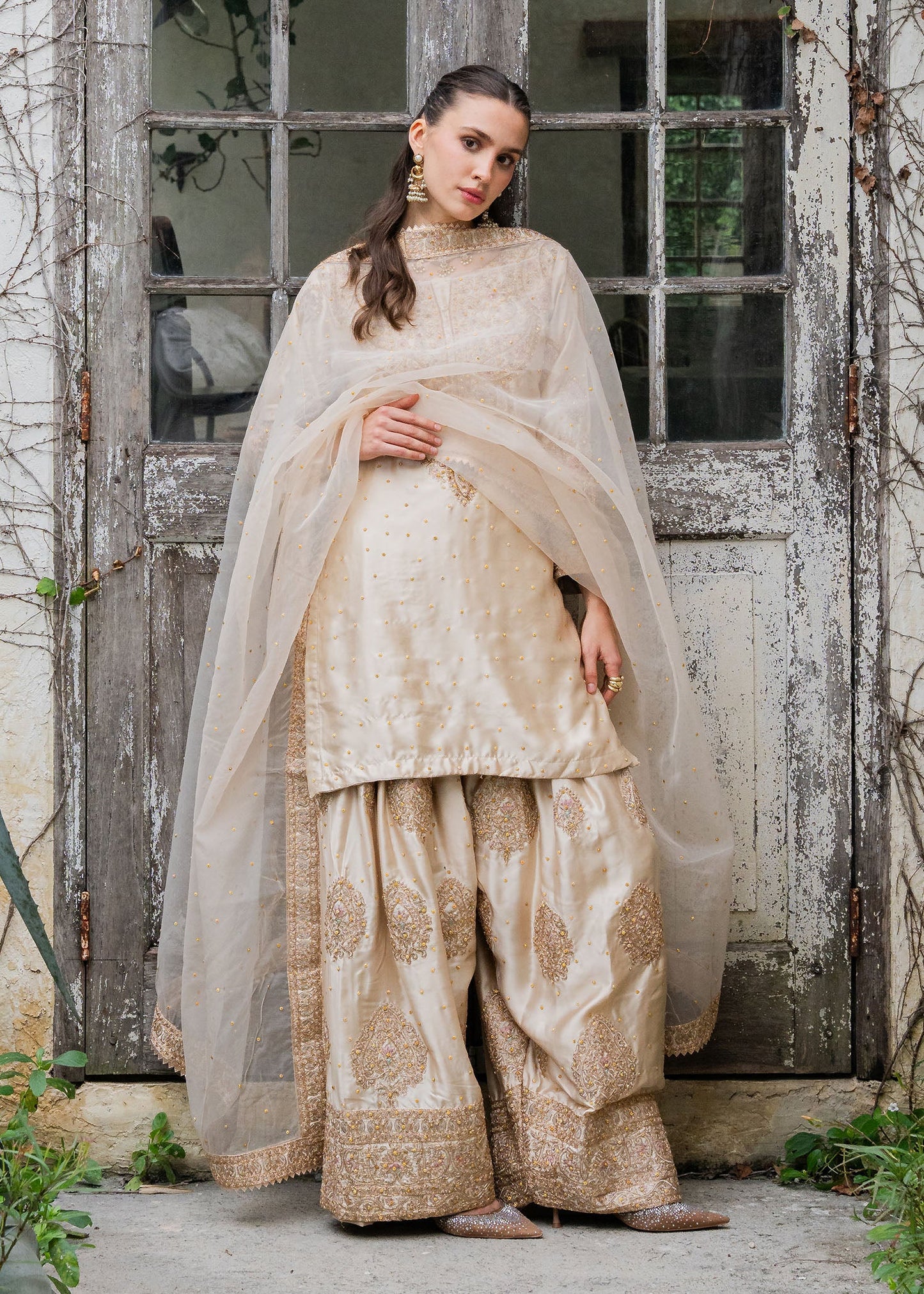 Soft Beige Embroidered Charmuse Farshi Dress Online in Dubai DXB UAE Abudhabi Meena Bazaar