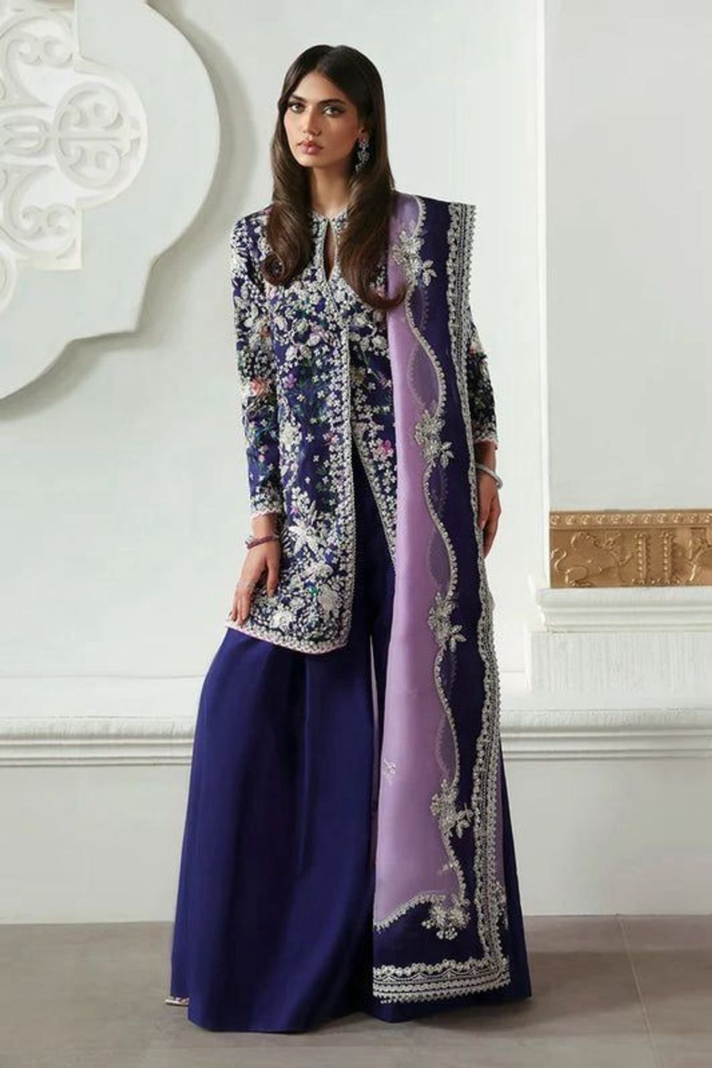 Soraya Blue Embroidered Chiffon Sharara Gharara Online in Dubai UAE Abudhabi Ajman Sharjah