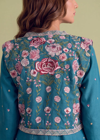 Steel Blue Dhanak A-Line Frock Pakistani Clothes Online in Sri Lanka India Australia