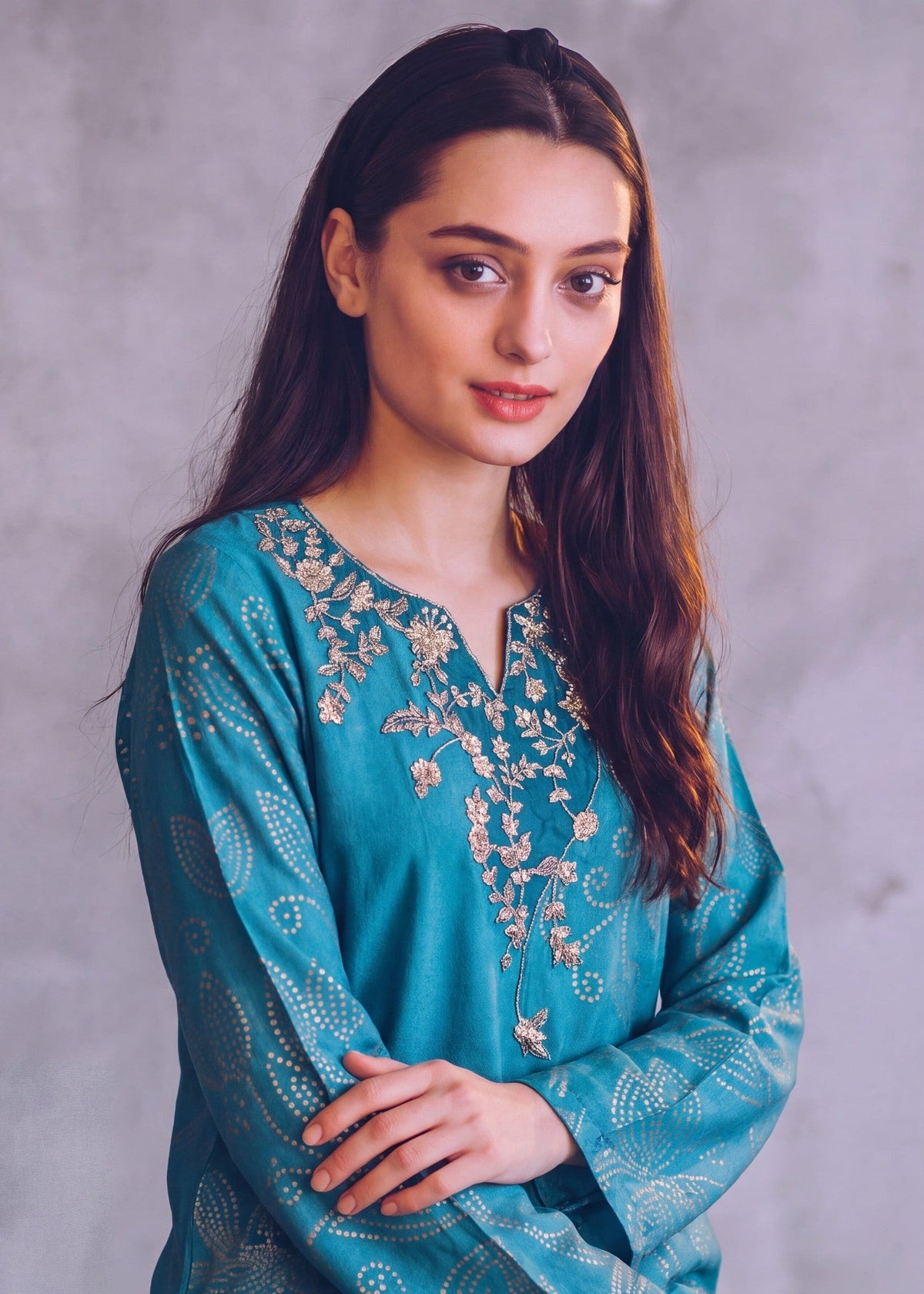 Steel Blue Dhanak Long Kaftan for Daily Wear Online in UK USA Canada