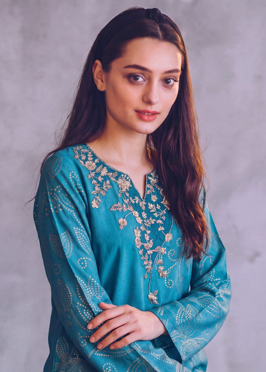 Steel Blue Dhanak Long Kaftan for Daily Wear Online in UK USA Canada