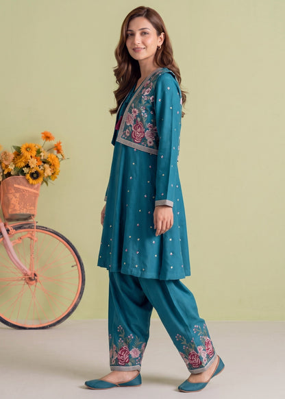 Steel Blue Embroidered Dhanak Churidar Salwar Suit Online in KSA Riyadh Saudi Arabia Oman Bahrain Qatar