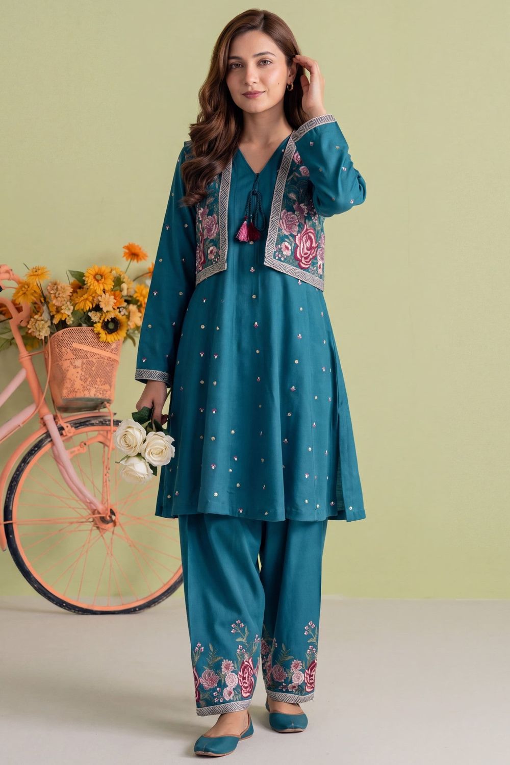 Steel Blue Embroidered Dhanak Frock Salwar Suit Online in Dubai UAE Abudhabi Ajman Sharjah